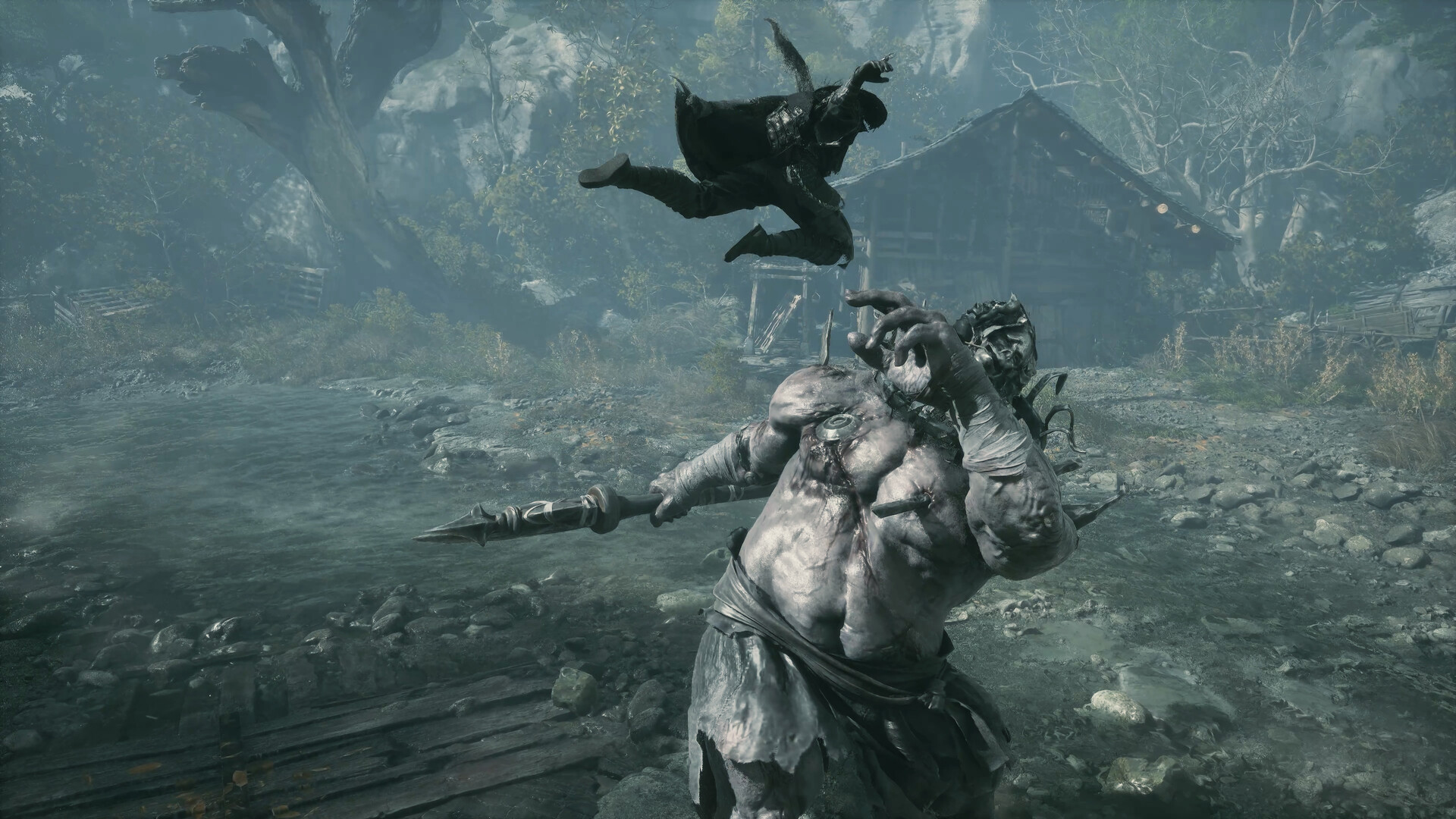 Soul vaults over a large enemy during combat