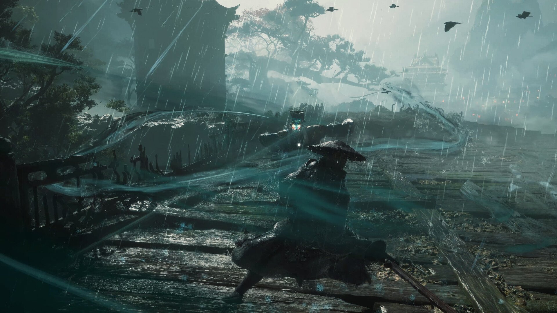Soul deflects a masked enemy in rain