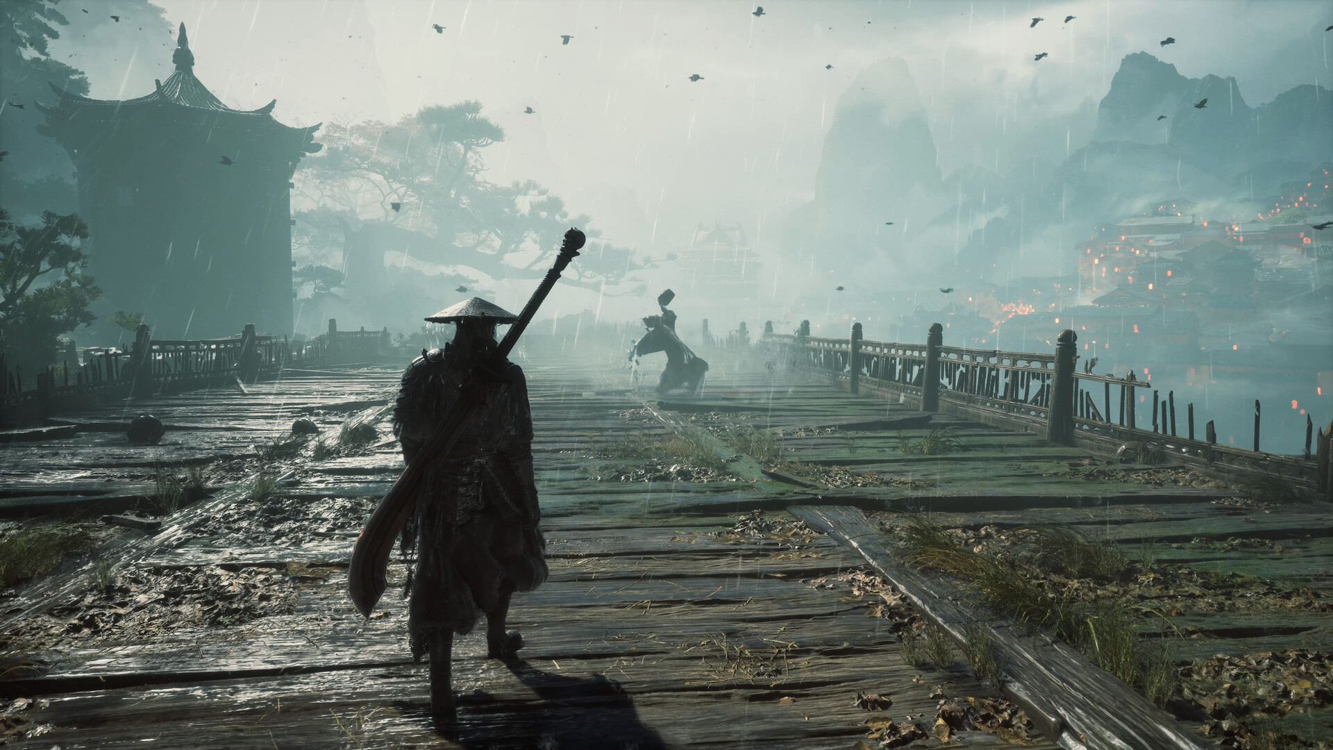 Soul approaches an enemy across a rain-soaked bridge in Phantom Blade Zero